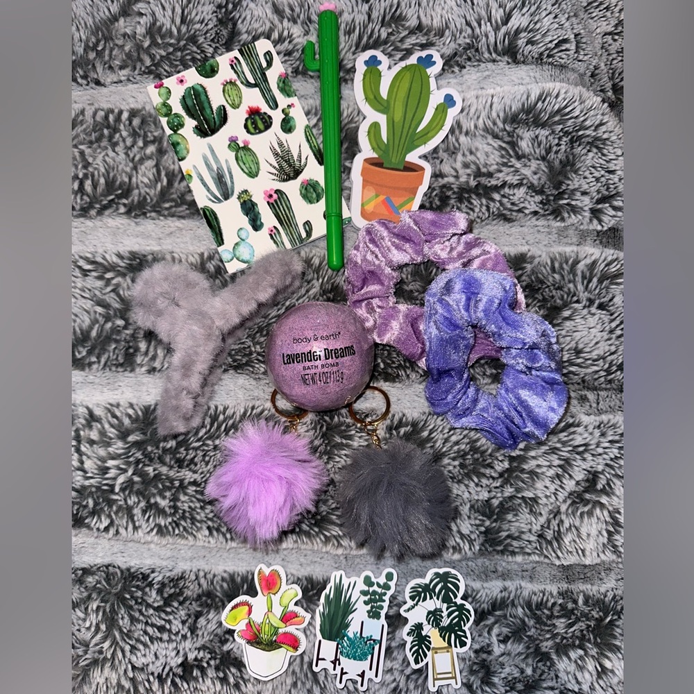 Scrunchie and Pom Keychain Gift Set with Bath Bomb, Notebook and Pen